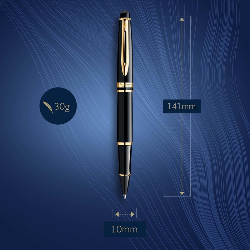 Waterman Expert Rollerball Pen in Gloss Black with 23K Gold Trim - Fine Point with Black Ink Cartridge, Gift Box - Image 3
